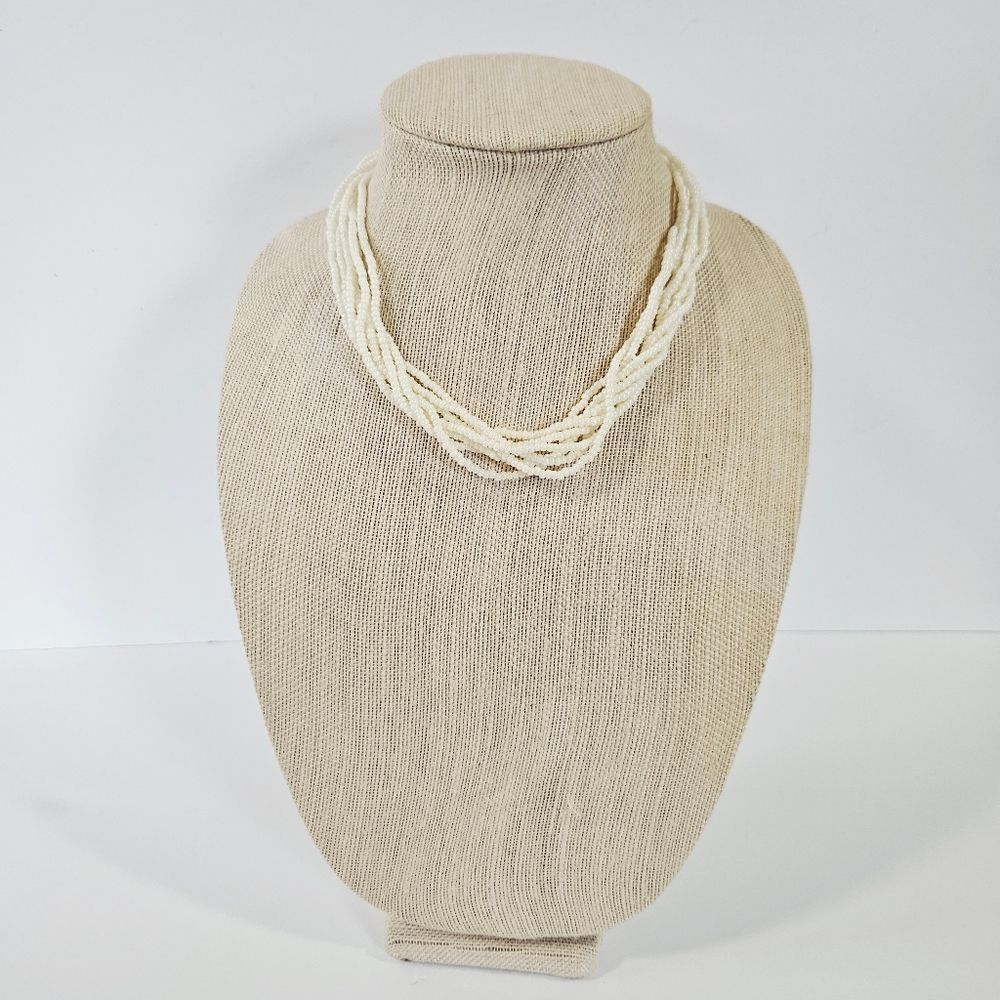 Vintage Trifari Signed Multi-Strand Glass Seed Beaded Faux Pearl Necklace Choker
